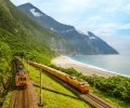Trains,At,Eastern,Coastline,Near,Qingshui,Cliff,,Hualien,,Taiwan
