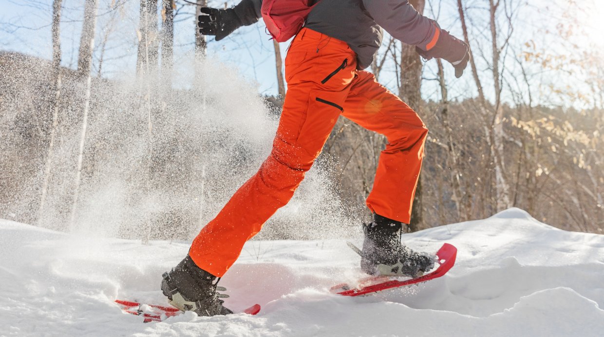 Winter,Sport,Outdoor,Exercise,Man,Running,In,Snow,In,Snowshoes