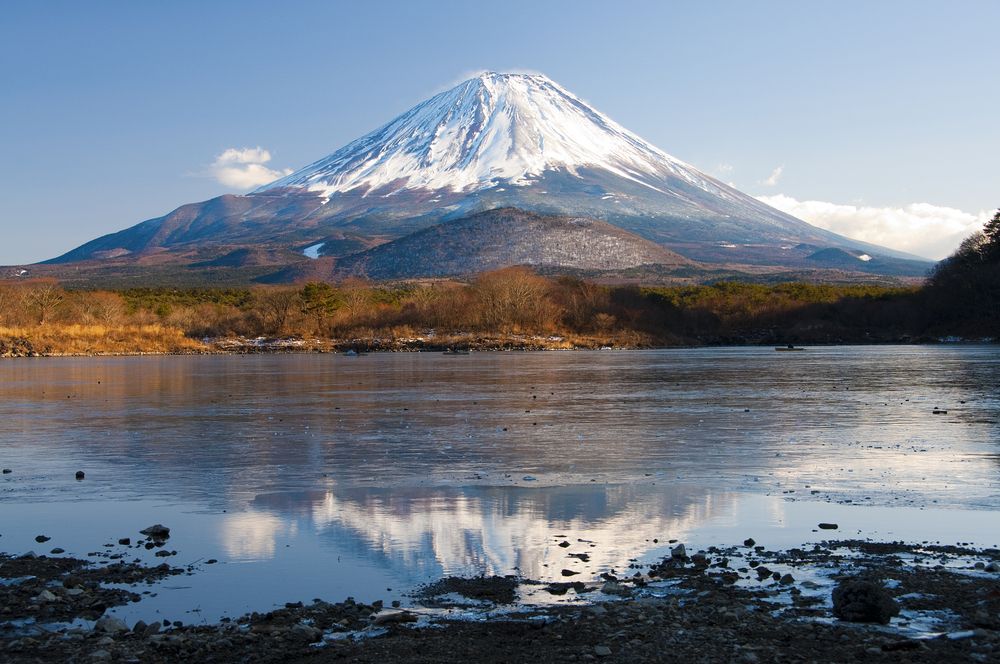 Mount,Fuji,Reflection,On,Lake,Shojiko,,Yamanashi,,Japan