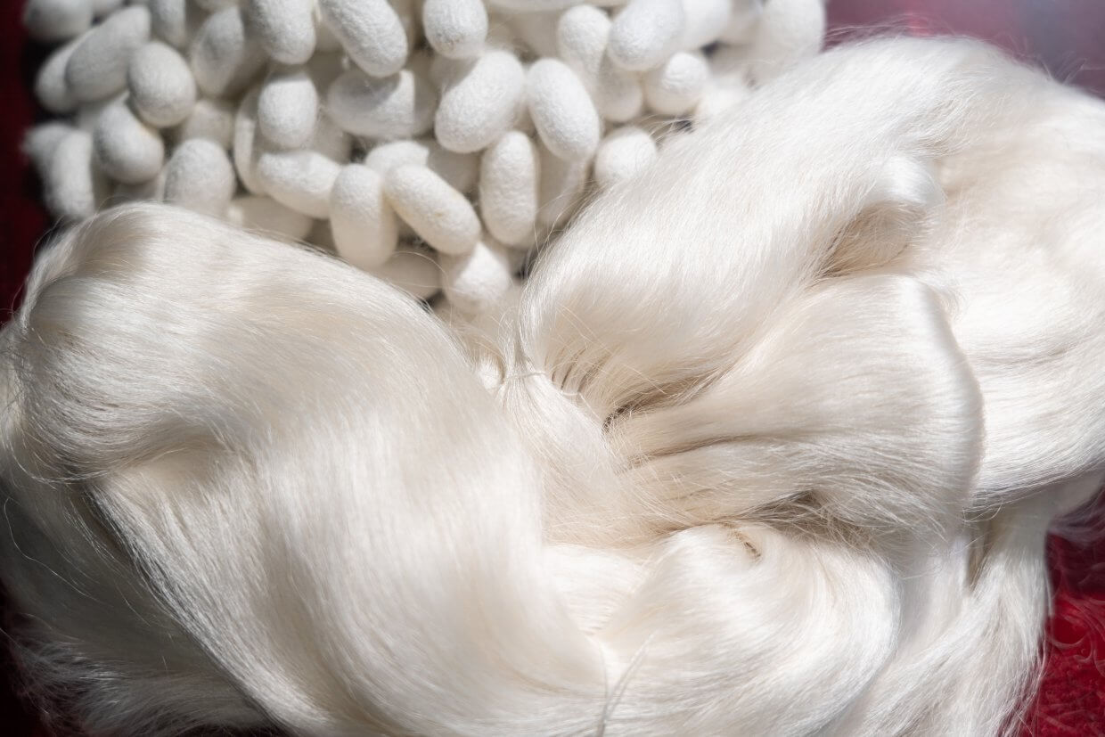 Close,Up,Ofwhite,Silkworm,Cocoons,With,Silk,Thread,Background 